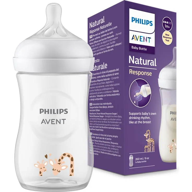 Philips Avent Natural Response Babyflasche, 260 ml, Baby-Milchflasche, BPA-frei für Babys ab 1 Monat, Giraffen-Muster (Modell SCY903/66)