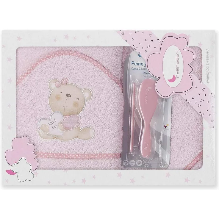 Interbaby P1177-02 Baby Kapuzenbadetuch LOVE YOU rosa mit Kamm und Bürste, Rosa
