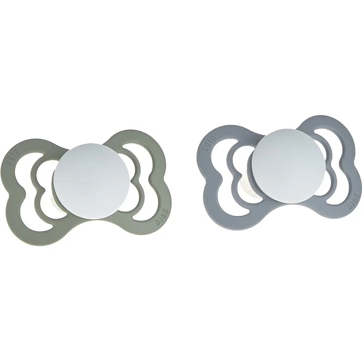 BIBS Supreme Schnuller 2er-Pack, BPA-frei, Symmetrischer Nippel. Silikon, Größe 2 (6-18 Monate), Sage / Cloud Night