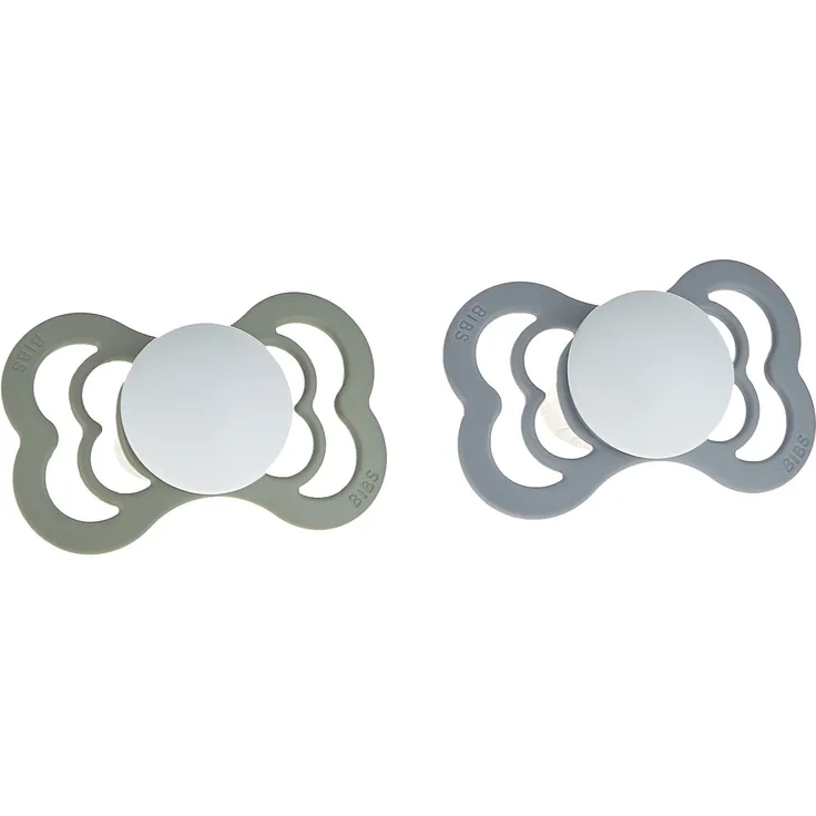 BIBS Supreme Schnuller 2er-Pack, BPA-frei, Symmetrischer Nippel. Silikon, Größe 2 (6-18 Monate), Sage / Cloud Night
