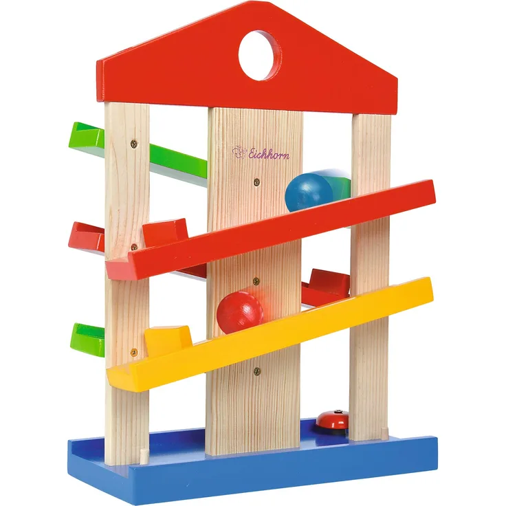 Eichhorn – Kugelbahn-Haus – bunte Rollbahn aus Holz, für Kinder und Babys ab 1 Jahr, mit Glocke und drei Kugeln, Holzspielzeug, Motorikspielzeug