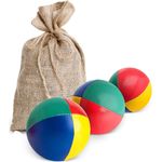 Mister M | 3 Jonglierbälle im beigen Jutesack | Leicht zu greifen | wasserdichte Beschichtung und umweltfreundliche Polsterung | Geeignet für Anfänger und Profis | Mit App und Online-Videotutorial