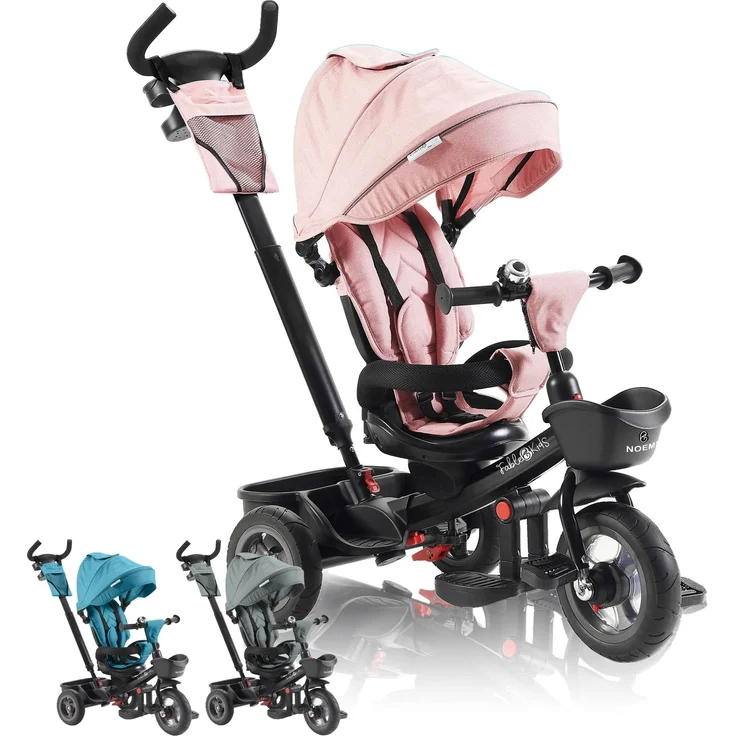 FableKids 5in1 Dreirad Noemi mit Schubstange ab 18 Monate bis 25kg, Vorwärts und Rückwärtsfahrt, PU-Reifen, Freilauf geräumiger, Korb, Tasche, Getränkehalter - Pink – Bild 1