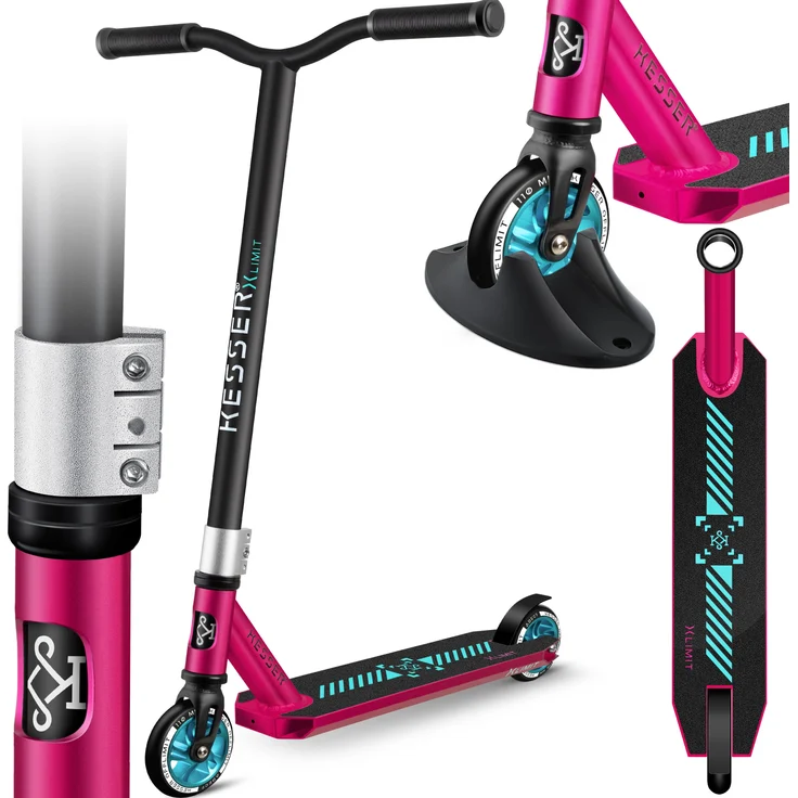 KESSER® Stunt Scooter X-Limit-Pro 360° Lenkung Funscooter Stuntscooter mit Ständer ABEC 9 Kugellagern, 110 mm PU Räder , Kickscooter Tretroller Cityroller Trick Roller für Kinder Erwachsene Pink / Turqouise – Bild 1