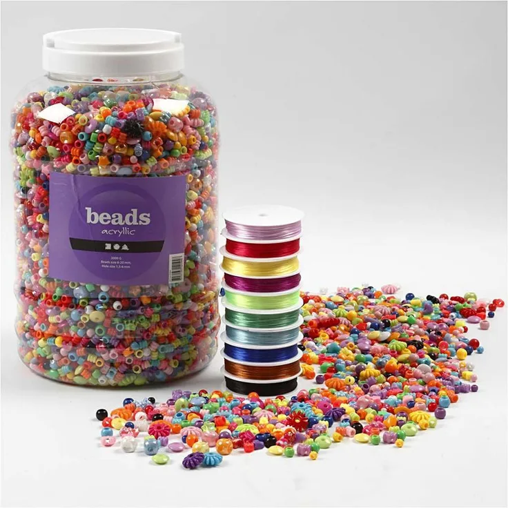 Kunststoffperlen und elastisches Schmuckband, Größe 6-20 mm, Lochgröße 1,5-6 mm, 1Sortmt.