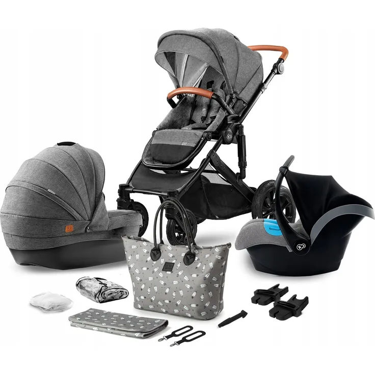 Kinderkraft 'Prime' Kombikinderwagen 4plusin1 Grey inkl. Sitz, Babywanne, Babyschale, Regenschutz, Fußsack, Wickeltasche, Adapter, Radpumpe, Moskitonetz