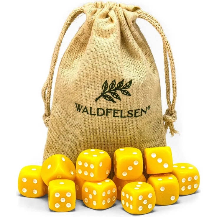 6,12, 20, 30 oder 50 hochqualitative Würfel von Waldfelsen® Standardgröße 16 mm Acrylwürfel Knobel Spielwürfel Dice 6-seitig sechsseitig Spielzubehör Set mit Stoffbeutel (Gelb, 12 Stück)
