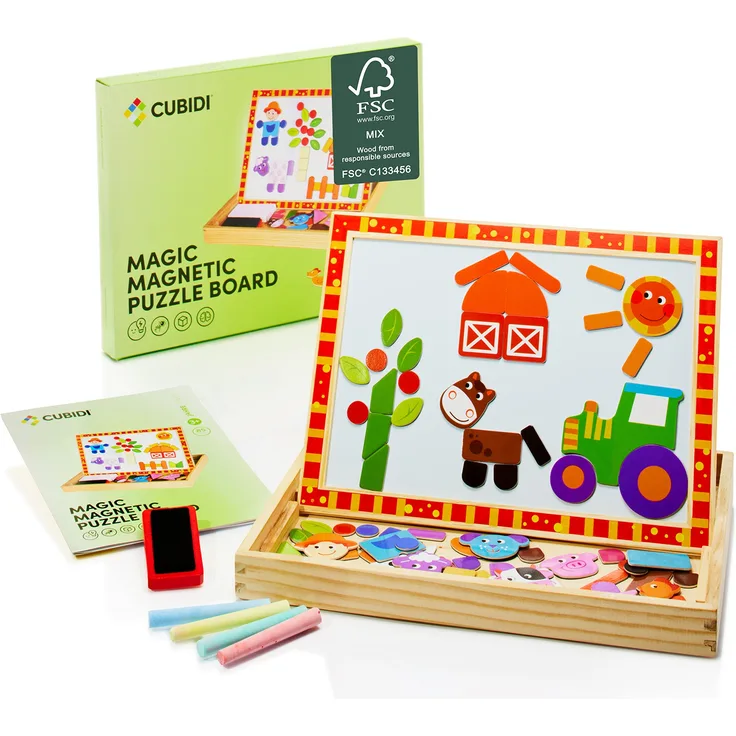 CUBIDI® Kreatives Magnetisches Holzpuzzle und Kinder Tafel in Einem⎥Interaktive Magnettafel Kinder zum Spaß haben mit 2 verschiedenen Seiten⎥Kinderspielzeug ab 3 Jahre für Jungen Mädchen