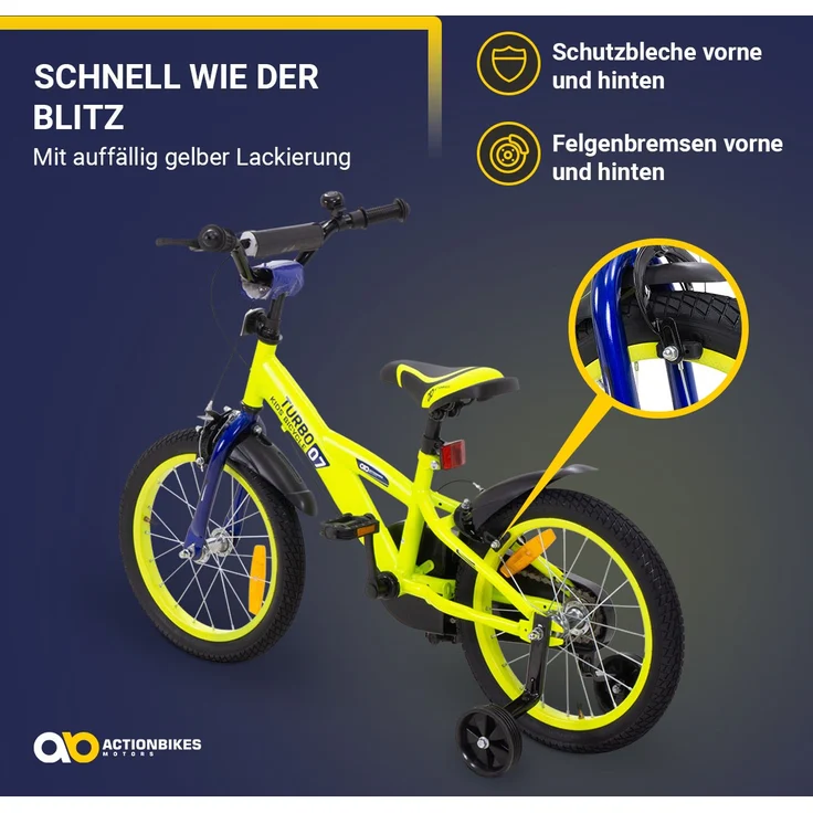 Kinderfahrrad Turbo 16 Zoll Kinder Fahrrad mit Stützrädern gelb blau ab 4 Jahre - Preisvergleich – Bild 13