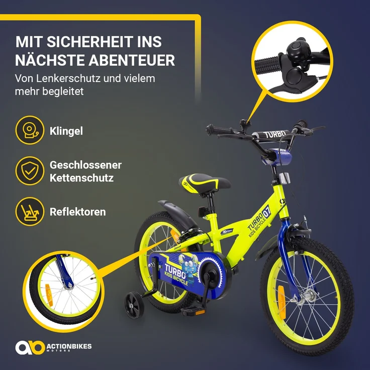 Kinderfahrrad Turbo 16 Zoll Kinder Fahrrad mit Stützrädern gelb blau ab 4 Jahre - Preisvergleich – Bild 12