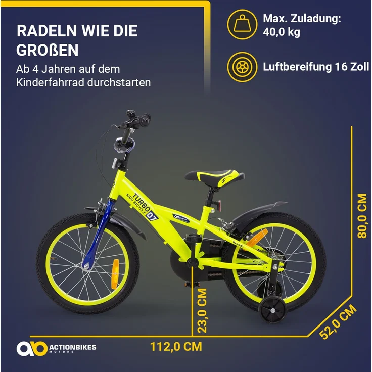 Kinderfahrrad Turbo 16 Zoll Kinder Fahrrad mit Stützrädern gelb blau ab 4 Jahre - Preisvergleich – Bild 15