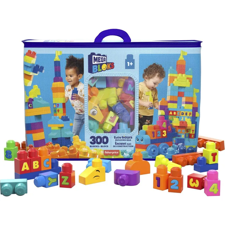 MEGA HHM97 - MEGA BLOKS Bauset mit extra großem Bausteinebeutel, 300 große und farbenfrohe Bausteine mit einer Aufbewahrungstasche, Konstruktionsspielzeug, Spielzeug-Geschenkset für Kinder ab 1 Jahr