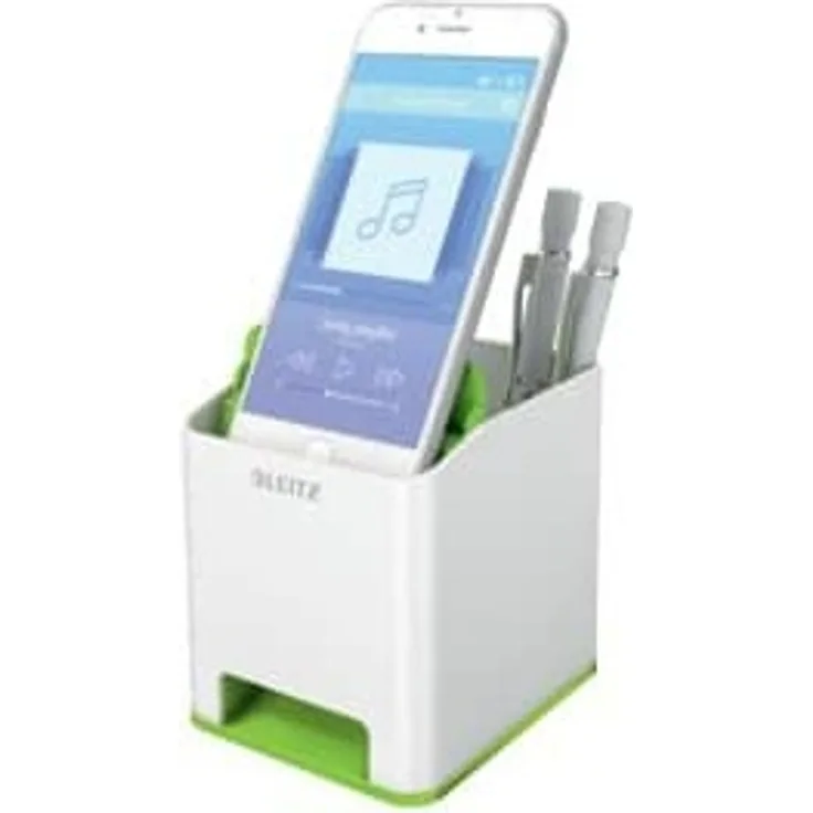Leitz WOW Sound Stifteköcher mit Soundverstärkungsfunktion, Weiß-Grün, 53631054