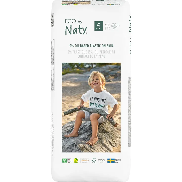 Eco by Naty Premium Einweg-Windeln für empfindliche Haut, Größe 5, Packung mit 1 x 40 (40 Stück) – pflanzliche Premium-Windel mit 0% Öl-Kunststoff auf der Haut