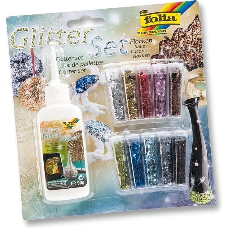 Glitter-Set Flocken 10 Dosen sortiert,1 Deko-Kleber 90g