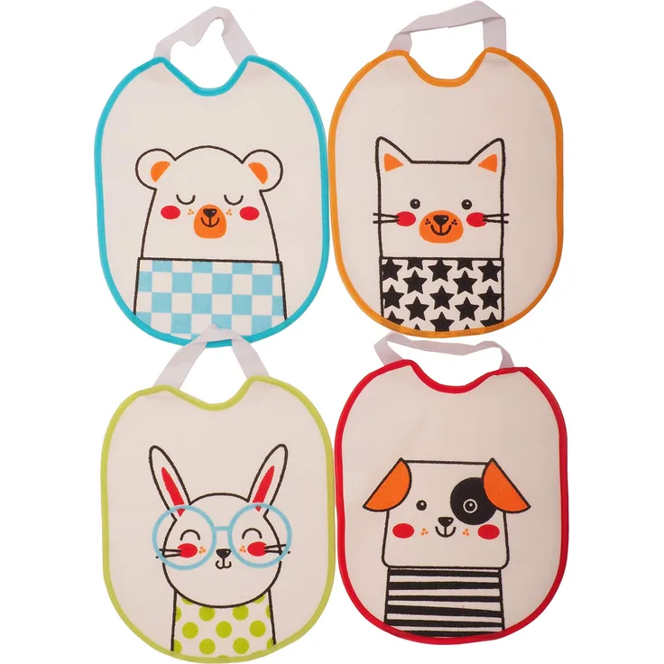 Ti TIN |4er-Pack- wasserdichte Babylätzchen, 23x28 cm | Lätzchen mit elastischem Verschluss für Babys von 6-18 Monaten Jahren, 73% Baumwolle-27% Polyester-Vinyl-Futter, verschiedene Tier-Motive/Farben
