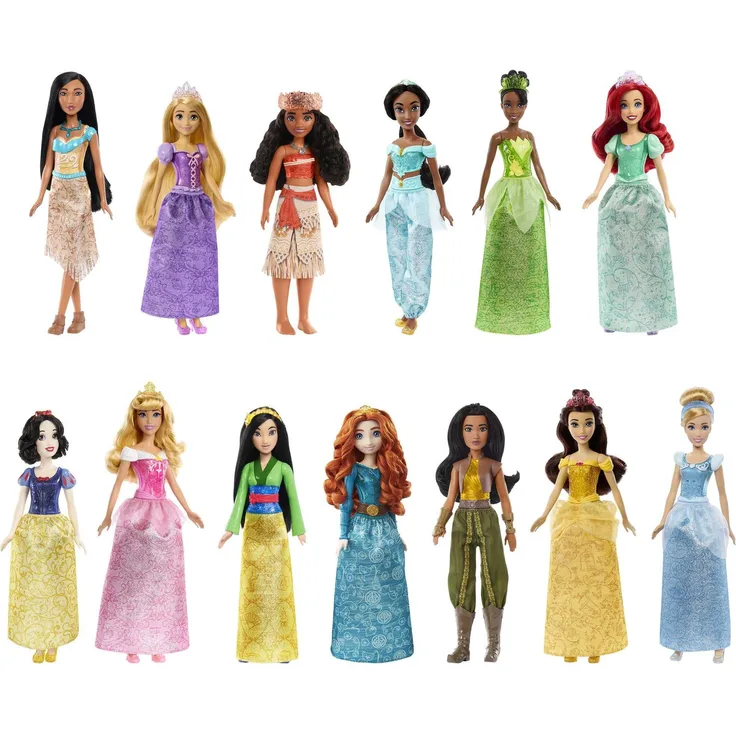 Disney Princess HPG74 - 13 Prinzessinnen-Modepuppen mit Glitzerkleidung und Accessoires, inspiriert von Disney-Filmen, Disney Prinzessin Puppen Spielzeug ab 3 Jahren