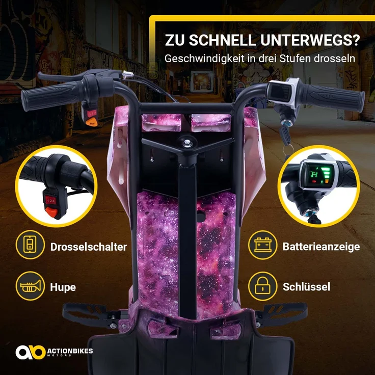 Actionbikes Kinder Elektro Drift Trike Scooter, LED Driftrollen 360°, bis zu 15km/h, drosselbar, Bluetooth Verbindung, max. Belastbarkeit 60kg, von 4 - 12 Jahren, Space Purple – Bild 5
