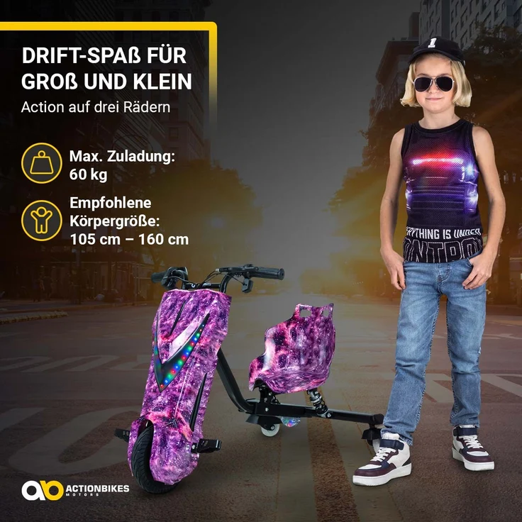 Actionbikes Kinder Elektro Drift Trike Scooter, LED Driftrollen 360°, bis zu 15km/h, drosselbar, Bluetooth Verbindung, max. Belastbarkeit 60kg, von 4 - 12 Jahren, Space Purple – Bild 4