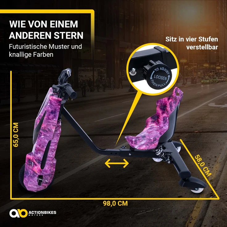 Actionbikes Kinder Elektro Drift Trike Scooter, LED Driftrollen 360°, bis zu 15km/h, drosselbar, Bluetooth Verbindung, max. Belastbarkeit 60kg, von 4 - 12 Jahren, Space Purple – Bild 7