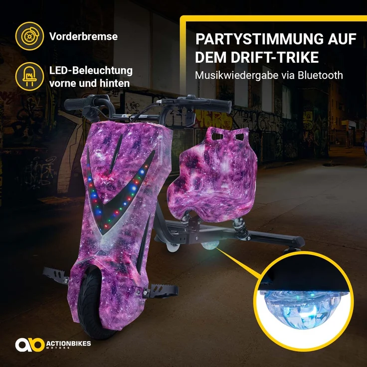 Actionbikes Kinder Elektro Drift Trike Scooter, LED Driftrollen 360°, bis zu 15km/h, drosselbar, Bluetooth Verbindung, max. Belastbarkeit 60kg, von 4 - 12 Jahren, Space Purple – Bild 3