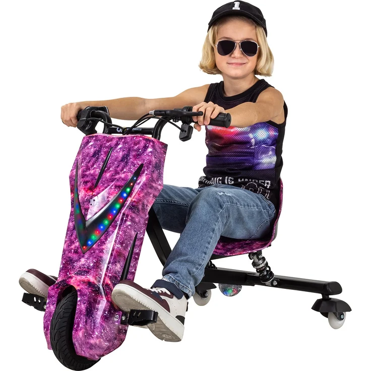 Actionbikes Kinder Elektro Drift Trike Scooter, LED Driftrollen 360°, bis zu 15km/h, drosselbar, Bluetooth Verbindung, max. Belastbarkeit 60kg, von 4 - 12 Jahren, Space Purple – Bild 10