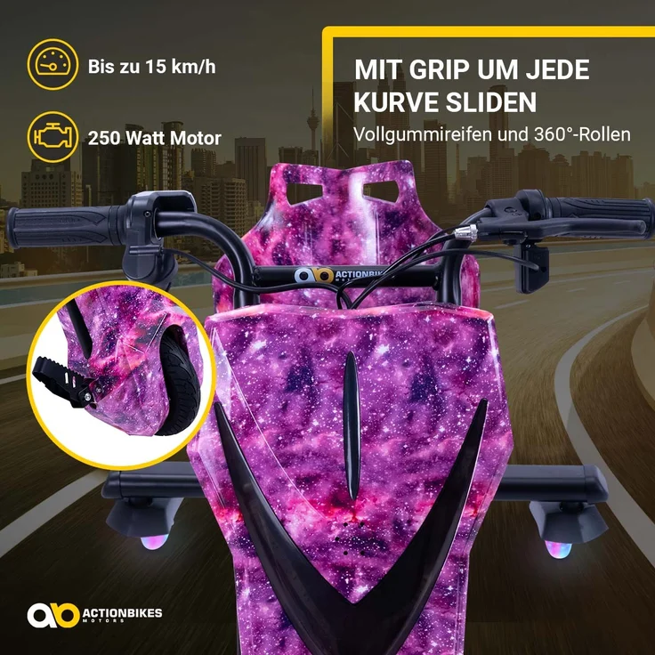 Actionbikes Kinder Elektro Drift Trike Scooter, LED Driftrollen 360°, bis zu 15km/h, drosselbar, Bluetooth Verbindung, max. Belastbarkeit 60kg, von 4 - 12 Jahren, Space Purple – Bild 6