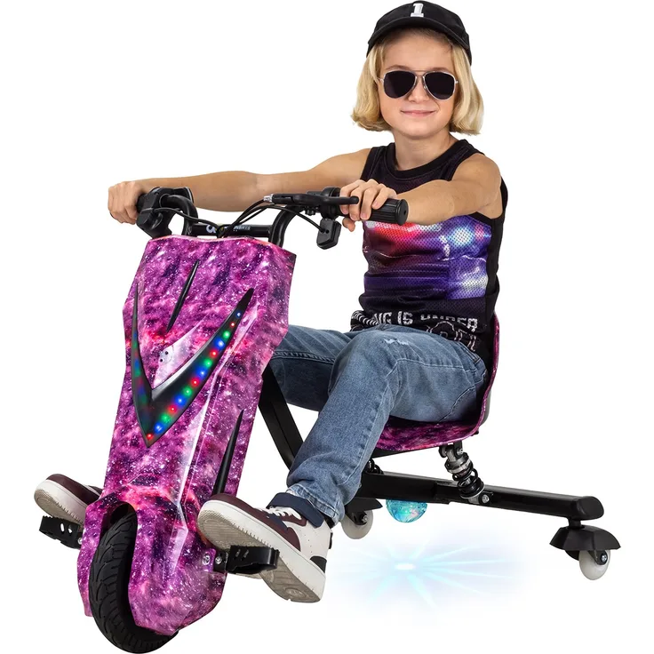 Actionbikes Kinder Elektro Drift Trike Scooter, LED Driftrollen 360°, bis zu 15km/h, drosselbar, Bluetooth Verbindung, max. Belastbarkeit 60kg, von 4 - 12 Jahren, Space Purple