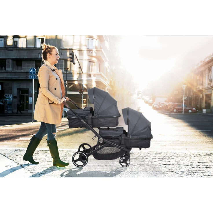 BabyGO 'Twinner' Geschwisterwagen 2 in 1 in Grau inkl. zwei zum Sportsitz umrüstbare Tragewannen – Bild 7