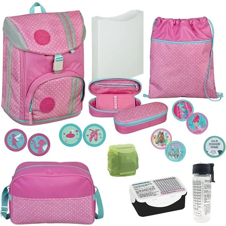 Mädchen Schulranzen Set 1. Klasse Scooli ergonomischer leichter Schulrucksack PINKY DOTS mit Motiv Klettis und Sporttasche – Bild 1