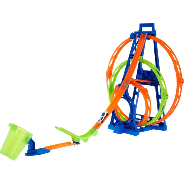 Hot Wheels Track mit 1 Hot Wheels Auto, Triple Looping-Set Track-Set, das Fahrzeug kann mit dem Starter zum Draufhauen durch 3 Loopings sausen, lässt sich mit anderen Sets verbinden - HMX38 – Bild 1