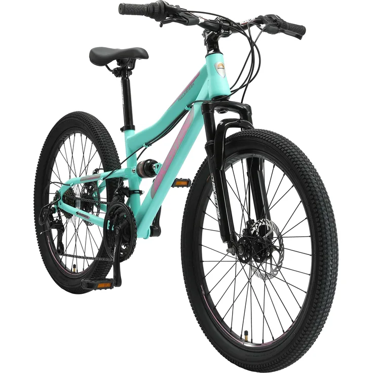 BIKESTAR Kinder Fully Mountainbike 24 Zoll ab 9 Jahre | 21 Gang Shimano, Scheibenbremsen | Mint