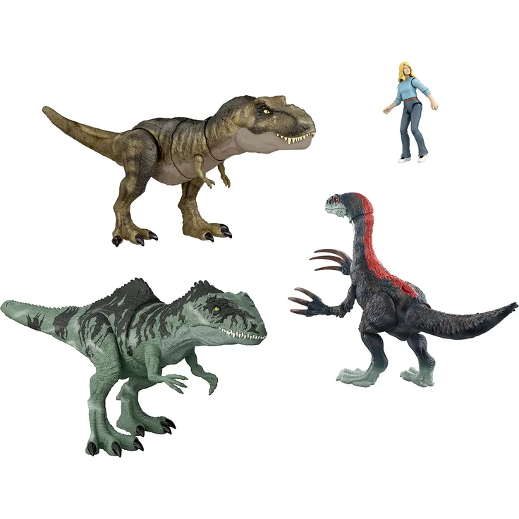 Jurassic World HJK02 - Jurassic World: Ein neues Zeitalter Episches Schlacht-Pack, 3 authentische Dinosaurierfiguren & 1 Menschenfigur, physischer und digitaler Spielspaß für Kinder ab 4 Jahren