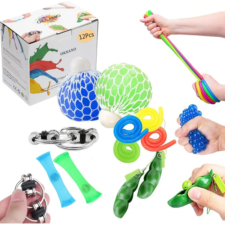 OKSANO anti stress spielzeug 12Stück, Squeeze Spielzeug für Kinder Erwachsene fidget toys for ADHS, stressball, Flippy Chain, Stretch Strings, Sojabohnen Stresstoys, Twisting Toys, Stress Relief Strap