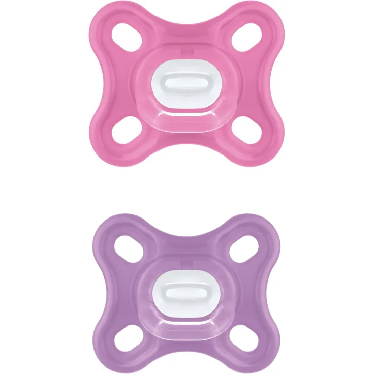 MAM Comfort Schnuller im 2er-Set, Schnuller-Set für Früh- und Neugeborene, Schnuller aus 100% MAM SkinSoft Silikon mit Schnullerbox, 0+ Monate, pink/lila