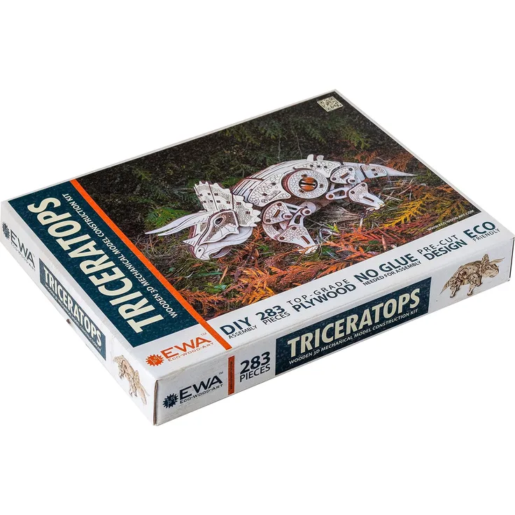 EWA Eco-Wood-Art EWA EcoWoodArt 3D Holzpuzzle für Jugendliche und Erwachsene-Mechanisches Dinosaurier-Triceratops-Modell-DIY-Bausatz, Selbstmontage, kein Kleber erforderlich, Natur