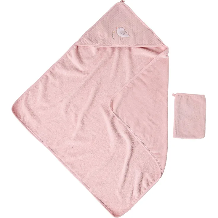 Nattou Kapuzenbadetuch und Waschhandschuh aus Baumwolle und Polyester, Vogel-Motiv, Ca. 75 x 75 cm, Baumwolle, Alice und Pomme, Rosa