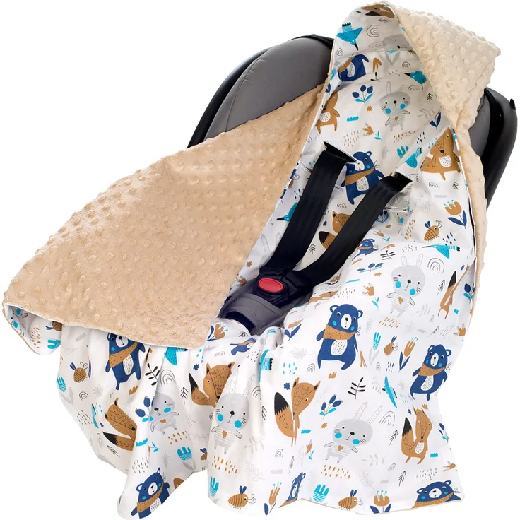 Einschlagdecke 100% Baumwolle 85x85cm Kuscheldecke für Kinderwagen Babyschale universal Baby Decke doppelseitig Babydecke Buggy Autositz (Boho Animals mit beige Minky) - Preisvergleich