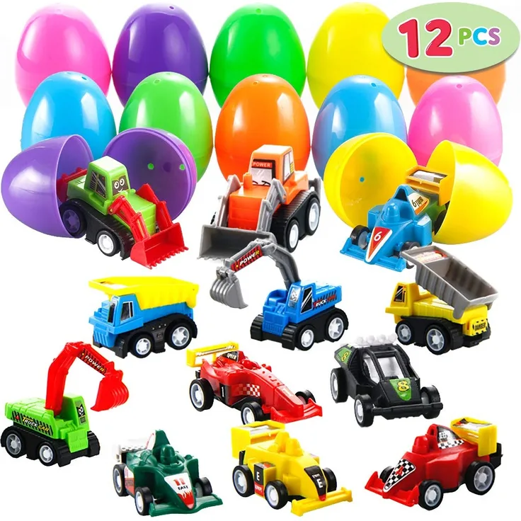 JOYIN 12 Stück Gefüllte Ostereier mit Spielzeugautos, Plastik Ostern Eier mit vorgefüllten Pull Back Konstruktionsfahrzeuge und Rennwagen für Ostern Partyzubehör, Osterkorb Füllstoffe, Osternest