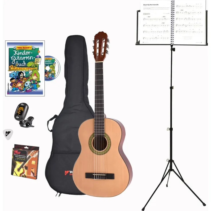 Voggenreiter Kindergitarren-Set, 7-tlg, Gitarre 3/4, Volt Notenständer NS-100, Akustikgitarre, Kinder Instrument
