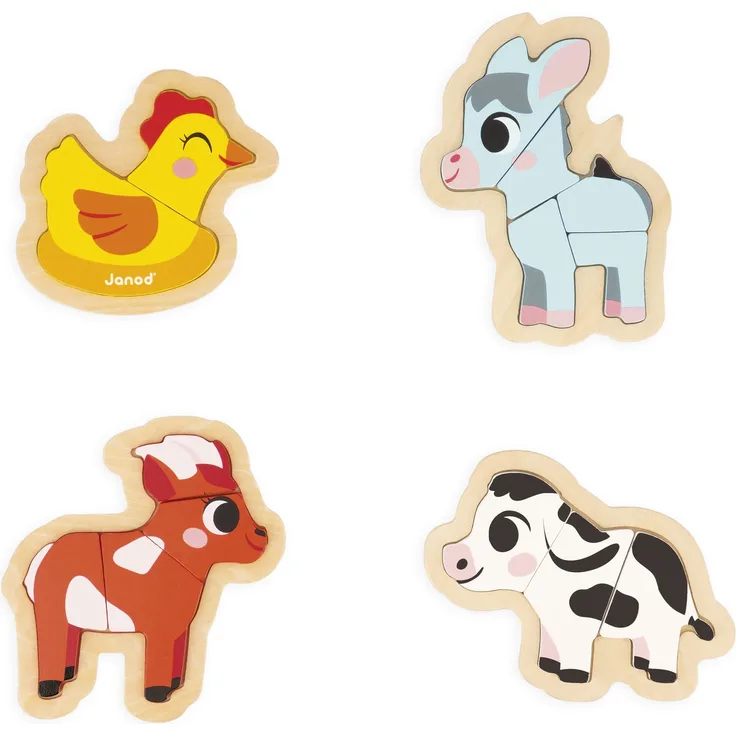 Janod - 4 Holzpuzzle mit 2 bis 5 Teilen - Puzzle zum Thema Bauernhoftiere - Spielzeuge für Kinder - Pädagogische Spiele - Baby- und Kleinkindspielzeug - Ab 18 Monaten, J07114