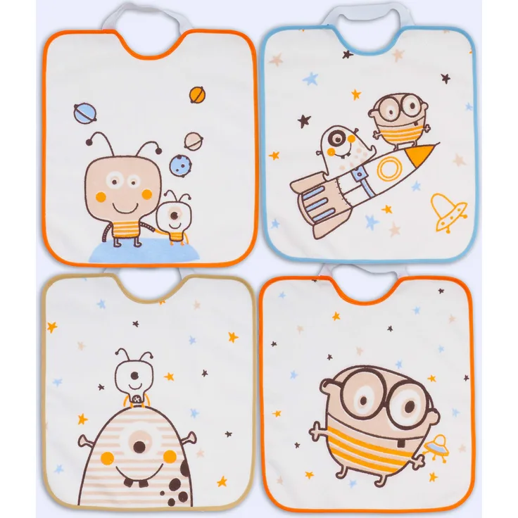 Ti TIN |4er Pack- wasserdichte frottee Babylätzchen, 33x36 cm | Lätzchen mit elatischem Verschluss für Babys ab 1 Jahr, Baumwolle und Vinylfutter, verschiedene Motive