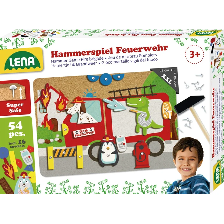 Lena 65836 - Hammerspiel Feuerwehr, Nagelspiel mit 38 farbigen Teilen & 16 Sonderteile, XXL Grundplatte aus Kork ca. 28 x 19,5 cm, Hammer und Nägel, Klopfspiel für Kinder ab 3 Jahre, Hämmerchenspiel – Bild 1