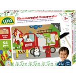 Lena 65836 - Hammerspiel Feuerwehr, Nagelspiel mit 38 farbigen Teilen & 16 Sonderteile, XXL Grundplatte aus Kork ca. 28 x 19,5 cm, Hammer und Nägel, Klopfspiel für Kinder ab 3 Jahre, Hämmerchenspiel