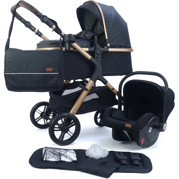 Pixini Kinderwagen Nelio 3in1 gold / schwarz (inkl. Autositz, Regenplane, Wickeltasche,. ) – Bild 1