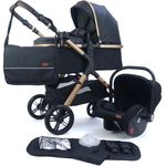 Pixini Kinderwagen Nelio 3in1 gold / schwarz (inkl. Autositz, Regenplane, Wickeltasche,. )