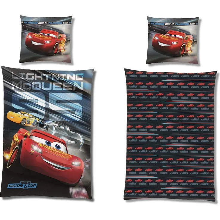 Disney Cars Microfaser Winter-Bettwäsche Set 135x200 80x80 cm (2-tlg. ) Autos Rot Blau Schwarz mit Reißverschluss
