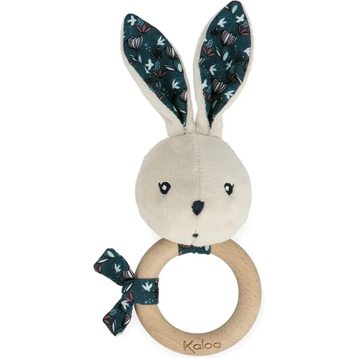 Kaloo - K'Doux - Baby-Beißring - Ring aus FSC-Holz - Plüschhase mit Glöckchen - Fördert die Entwicklung - Stimuliert die Sinne - Natur-Motiv - Ab Geburt, K216000