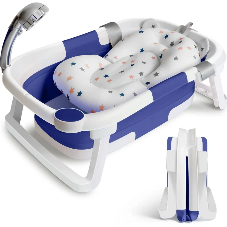 Baby Badewanne Faltbare Babybadewanne Kinder, Neugeborene Baby-Plastikbadewanne mit faltbaren Anti-Rutsch-Beinen Zusammenklappbare Badewanne für das Baden von Kleinkindern | Blau und Weiß - Preisvergleich – Bild 1