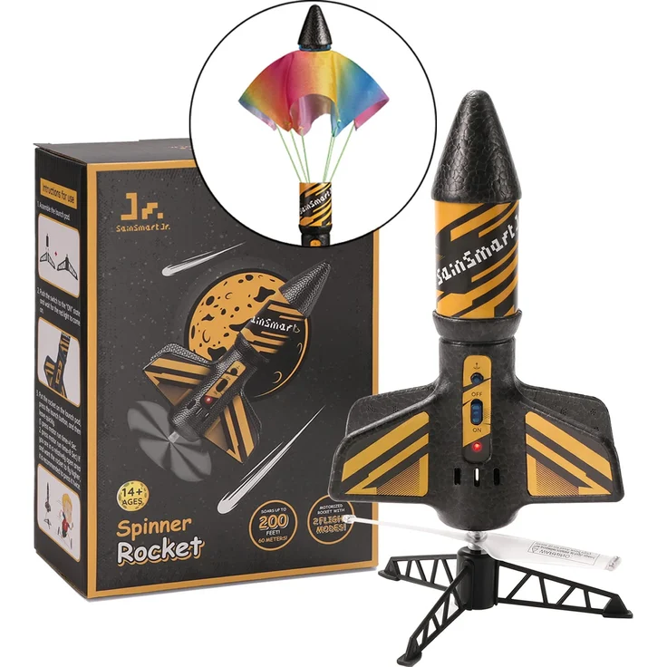 SainSmart Jr. Rakete Spielzeug – Motorisierte Rakete mit Fallschirm, Start bis zu 61 Meter, Outdoor-Spielzeug für Kinder im Alter von 8–12 Jahren, Schwarz – Bild 1